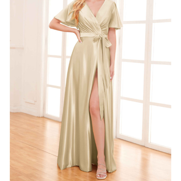 FORMAL SZ 6 S Cream Satin Flutter Sleeve Wrap Bridesmaid Maxi Dress NEW B24 - Picture 1 of 8